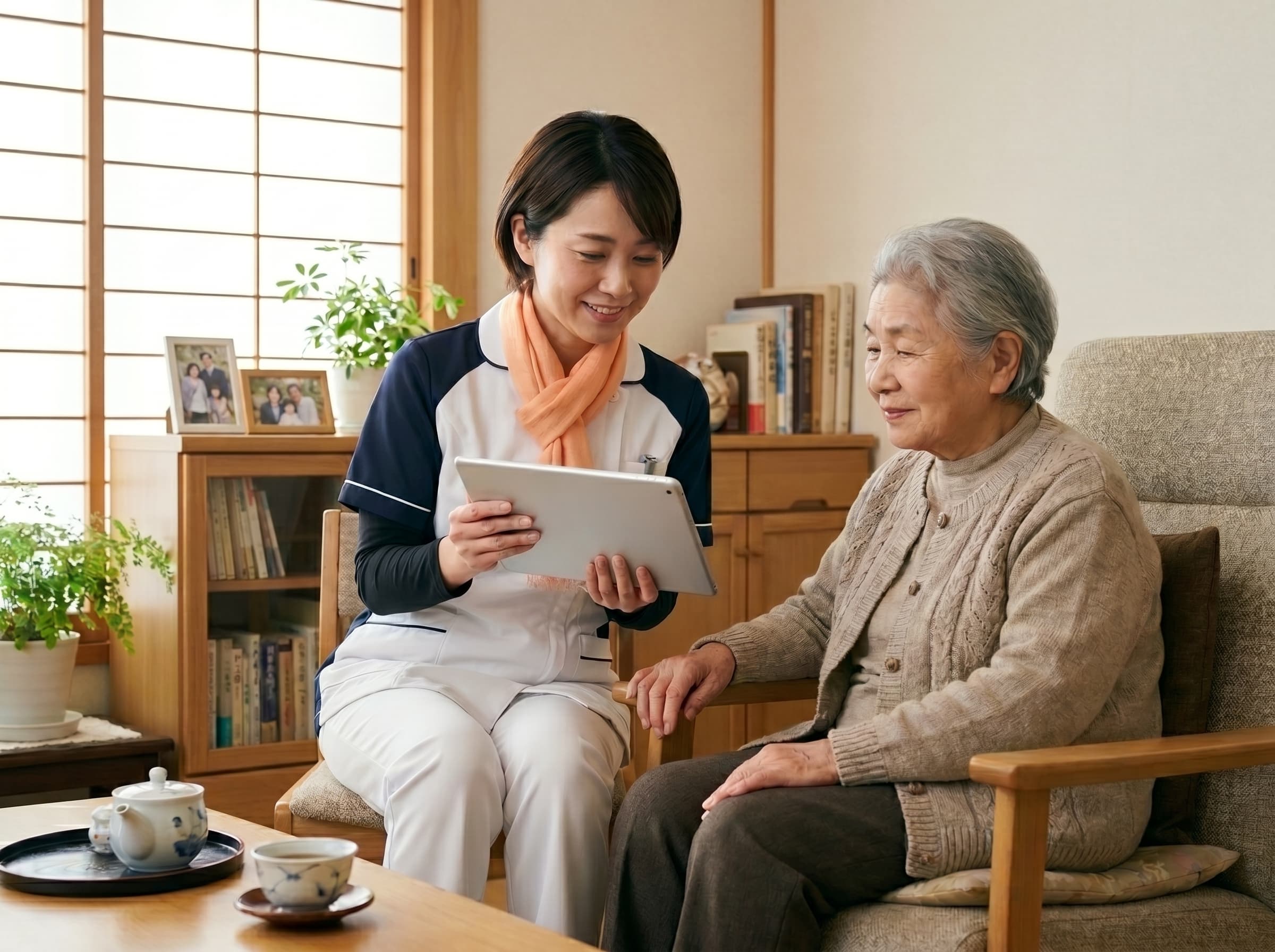 Visiting nurse documenting a home visit on a tablet alongside an elderly patient in their living room.