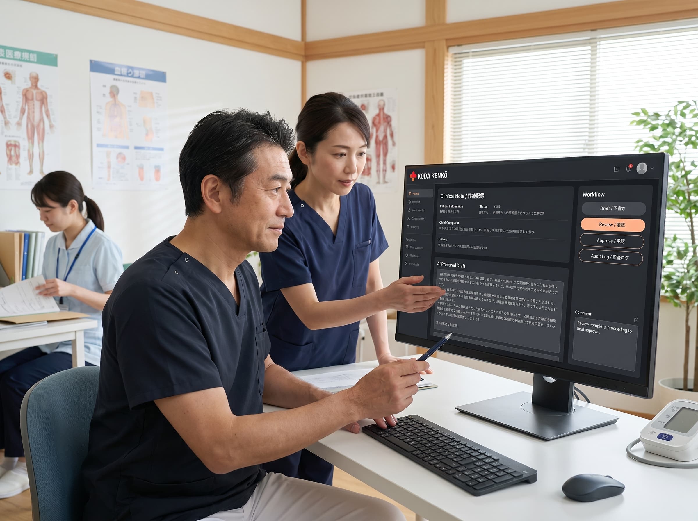 KODA KENKŌ Hospital Operations dashboard — Japanese-language interface showing operational charts, bed occupancy, and clinical KPIs.