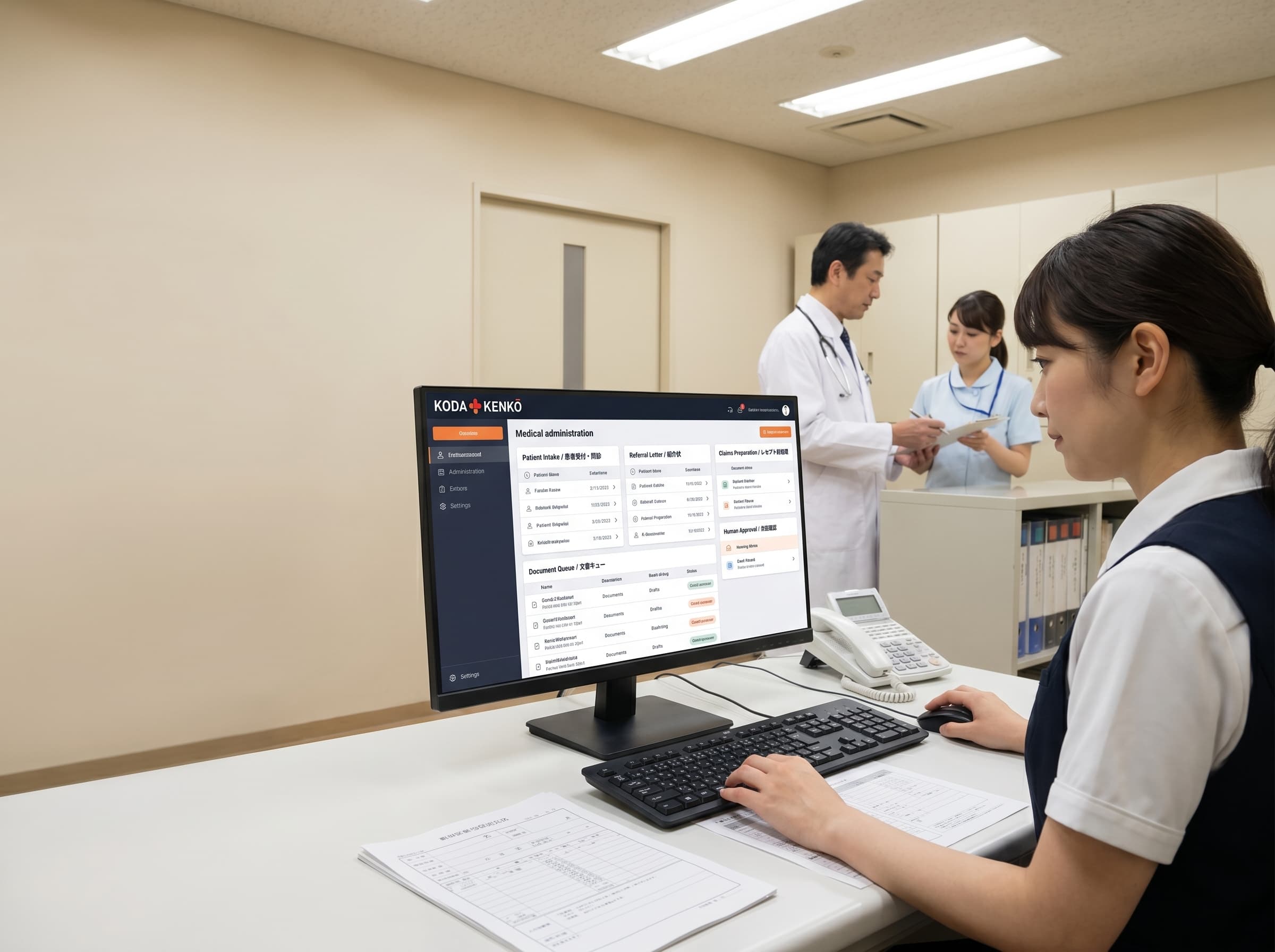 Medical clerk at a Japanese clinic reception desk processing documents on the KODA KENKŌ Medical Clerk interface.