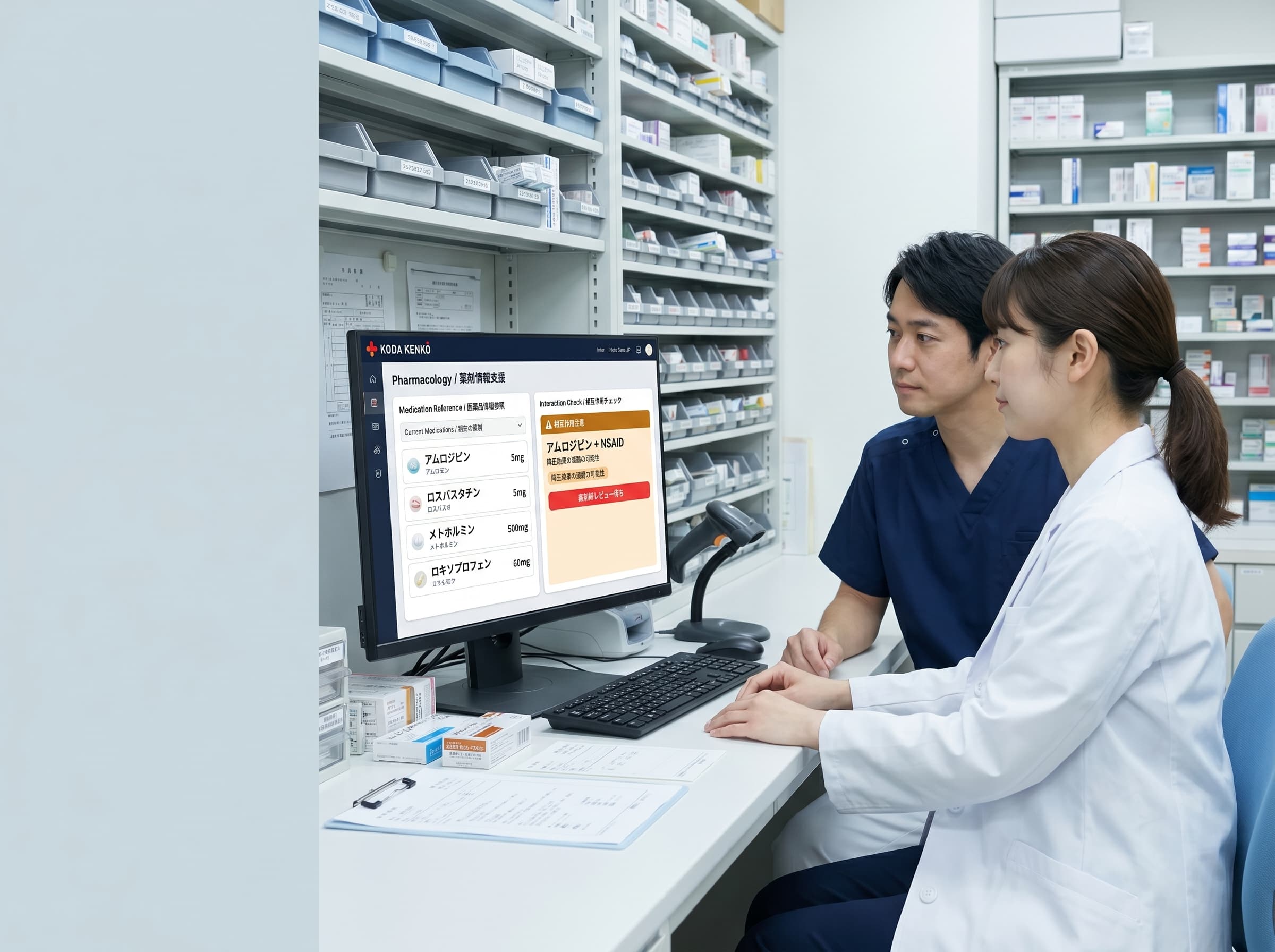 Japanese pharmacist and physician reviewing the KODA KENKŌ Pharmacology dashboard at a pharmacy workstation.