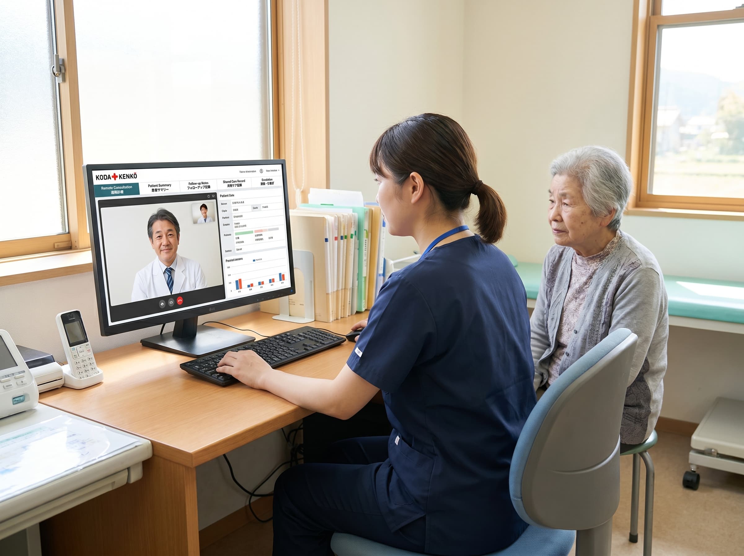 Local clinic nurse coordinating a remote consultation between an elderly patient and a remote doctor on the KODA KENKŌ Telemedicine interface.
