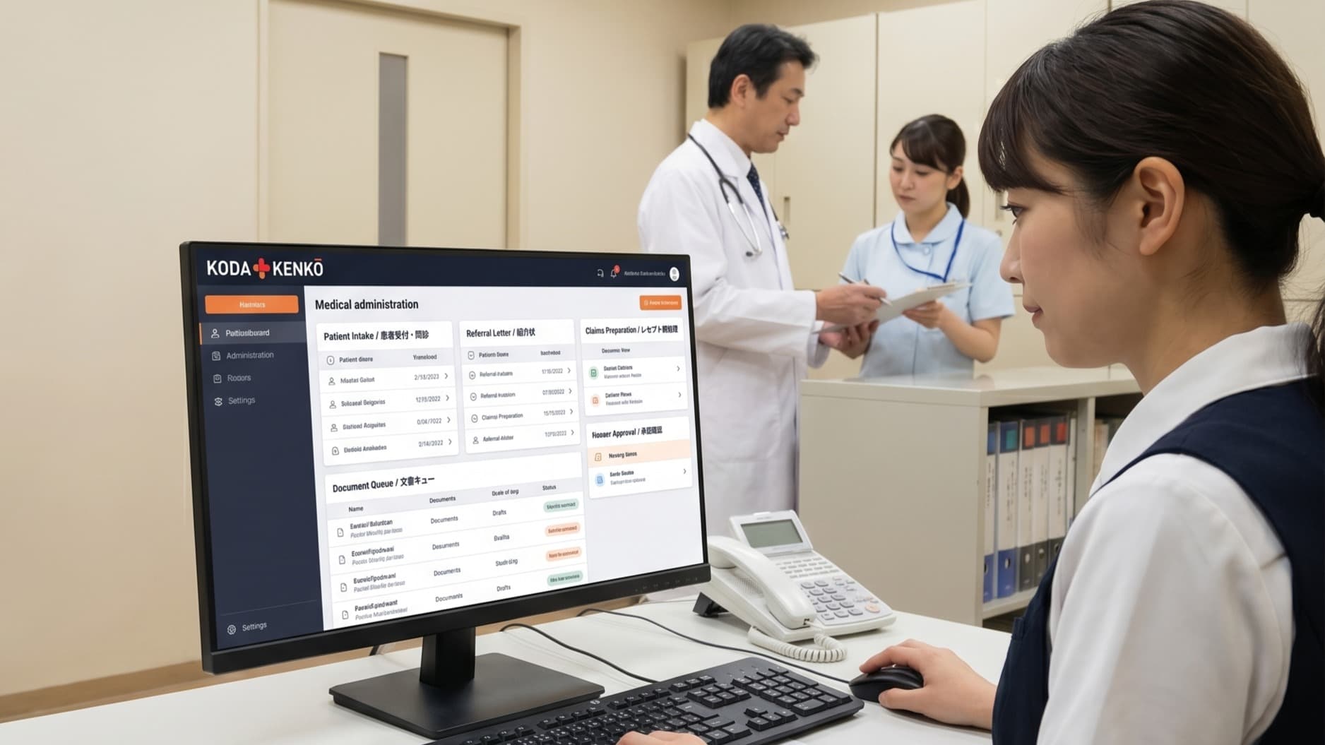 Japanese clinic medical administration desk — medical clerk at workstation working on KODA KENKŌ Medical administration UI showing Patient Intake (患者受付・問診), Referral Letter (紹介状), Claims Preparation (レセプト作成), and Document Queue (文書キュー). Doctor and nurse in background reviewing handoff.