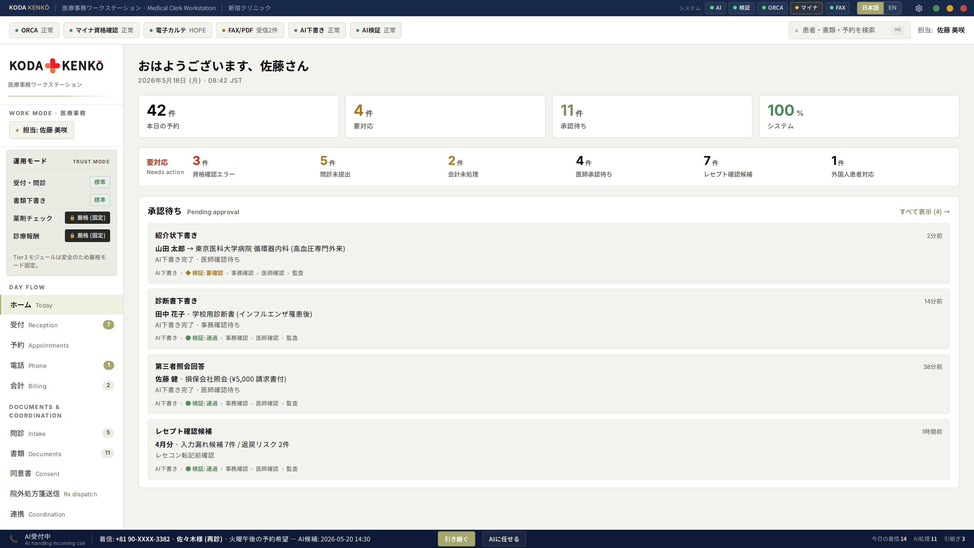 KODA KENKŌ ホーム dashboard — daily appointments, system status, approvals queue