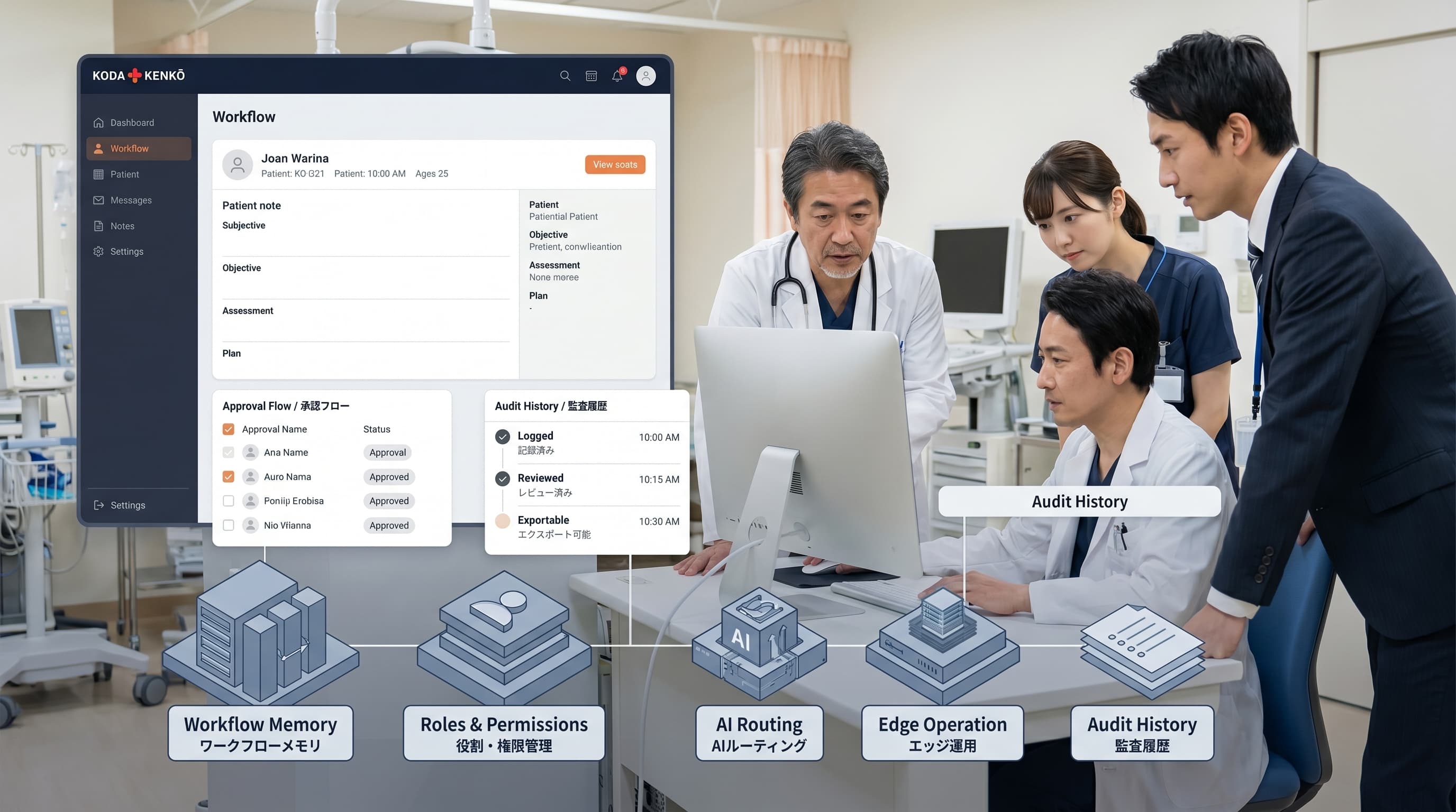KODA KENKŌ workflow UI on a Japanese hospital workstation, with KoLo OS foundation blocks underneath: Workflow Memory (ワークフローメモリ), Roles & Permissions (役割・権限管理), AI Routing (AIルーティング), Edge Operation (エッジ運用), Audit History (監査履歴). Real Japanese healthcare staff reviewing patient workflow.