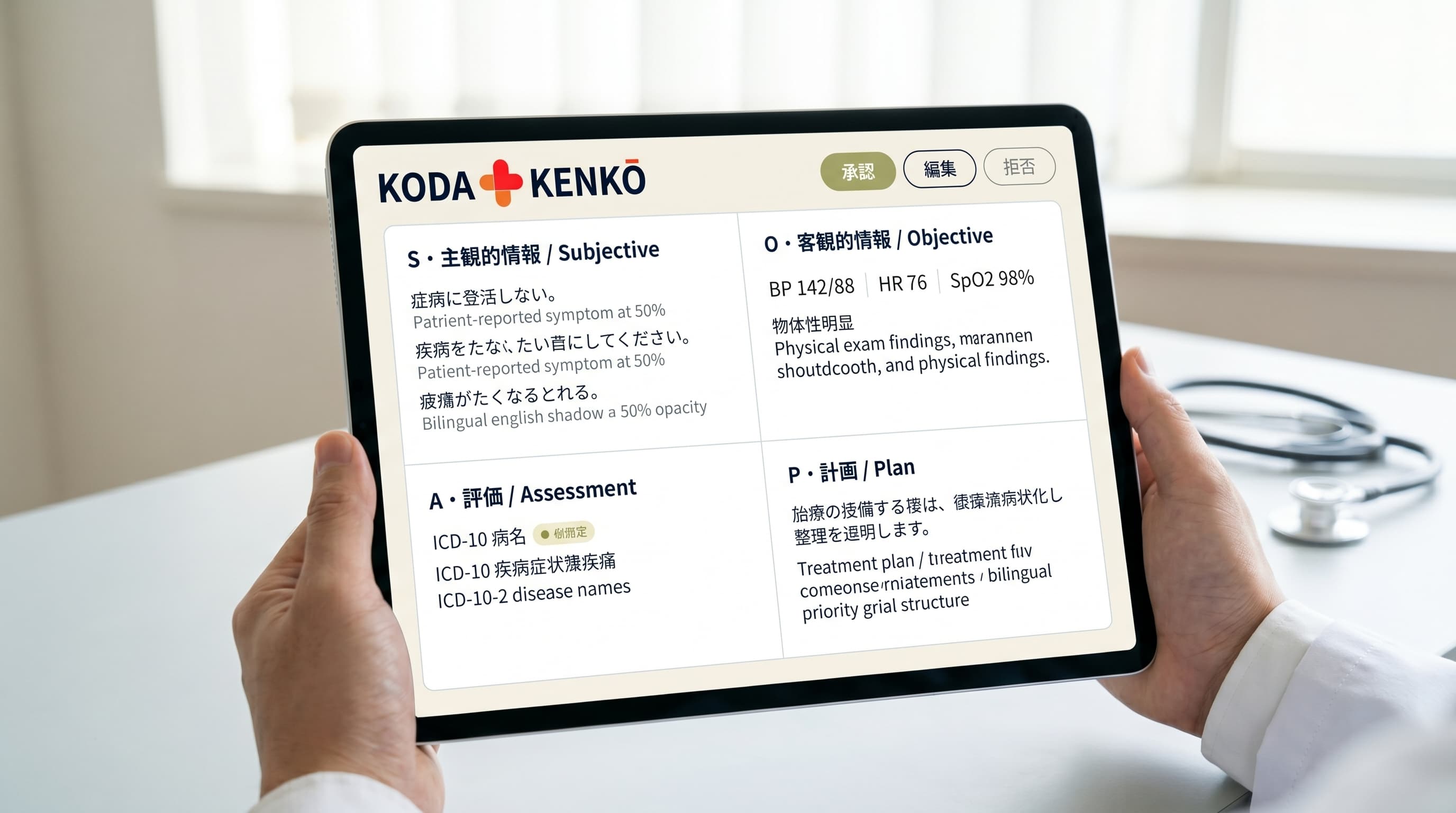 KODA KENKŌ SOAP on a tablet held by a Japanese physician — bilingual 2×2 grid (S 主観的情報 / Subjective, O 客観的情報 / Objective, A 評価 / Assessment, P 計画 / Plan) with vital signs, ICD-10 病名 confidence indicator, and the AI提案 · 検証済 review boundary (承認・編集・拒否).
