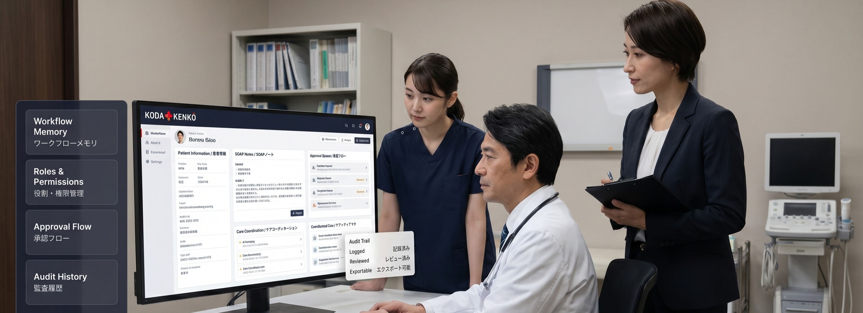 KODA KENKŌ clinical team — doctor, nurse, and administrator reviewing the workflow