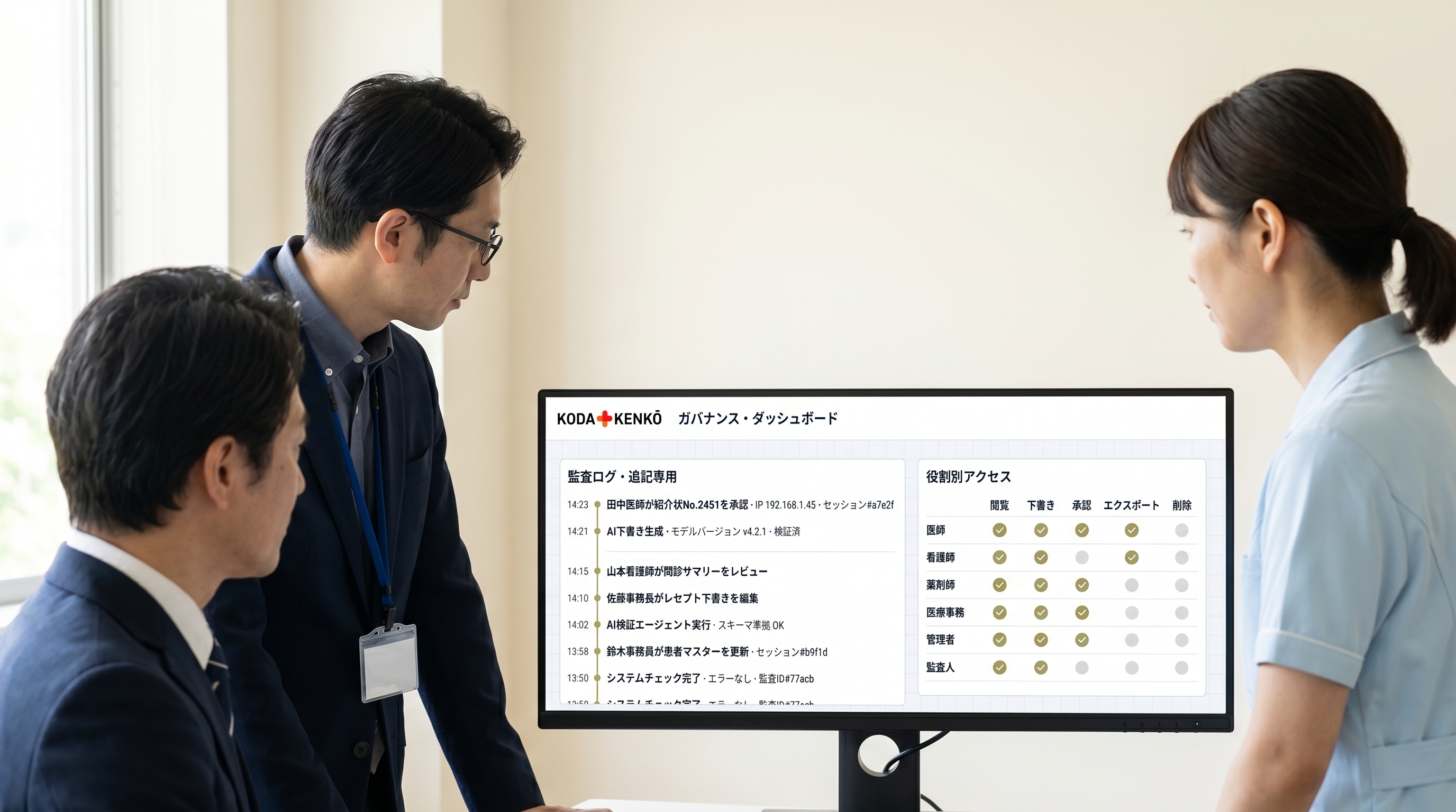 KODA KENKŌ governance dashboard — append-only audit log and role-based access matrix