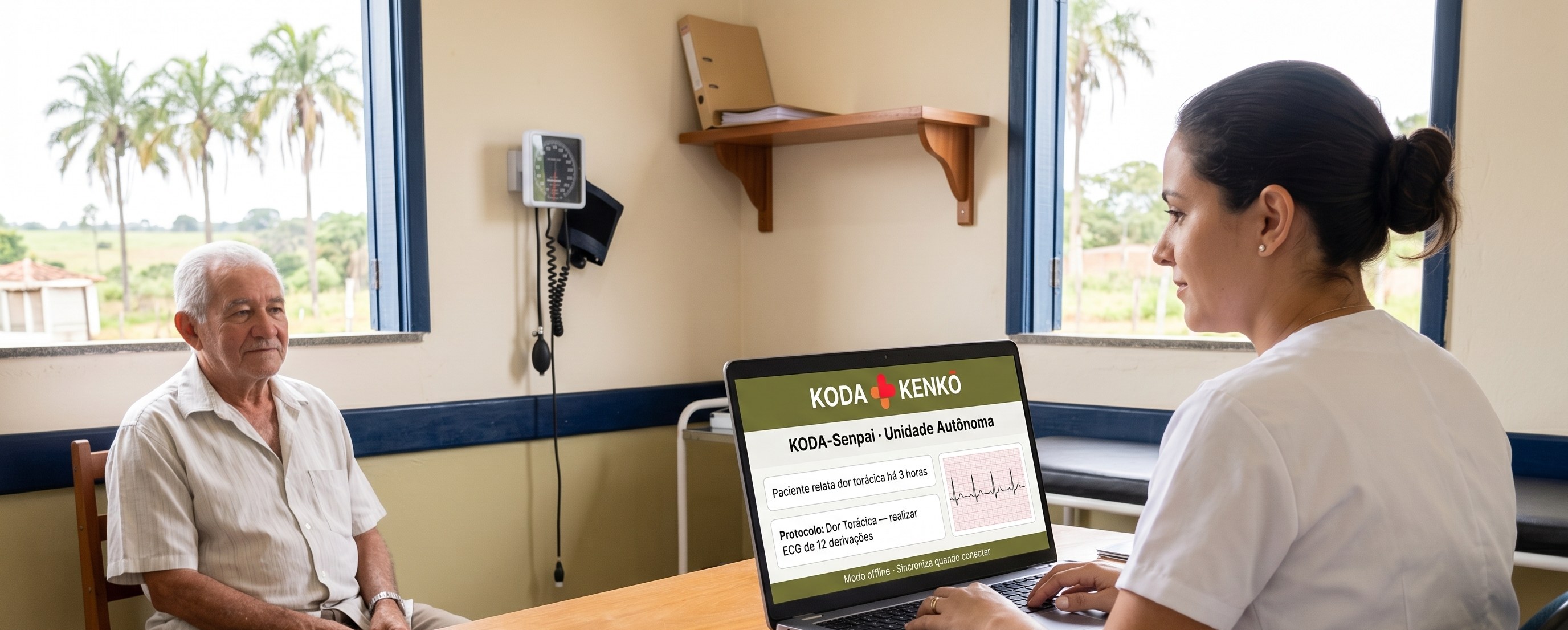 KODA KENKŌ adapted for a Brazilian rural UBS — nurse and elderly patient at a wooden consulting-room desk with a Portuguese-language clinical screen